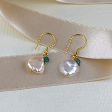 Load image into Gallery viewer, Gold Vermeil Keshi Pearl and Emerald Wire Earrings