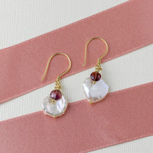 Load image into Gallery viewer, Gold Vermeil Keshi Pearl and Garnet Wire Earrings