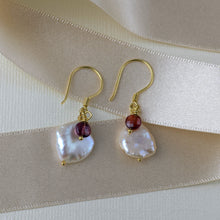 Load image into Gallery viewer, Gold Vermeil Keshi Pearl and Garnet Wire Earrings