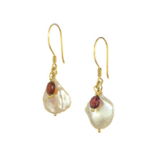 Load image into Gallery viewer, Gold Vermeil Keshi Pearl and Garnet Wire Earrings
