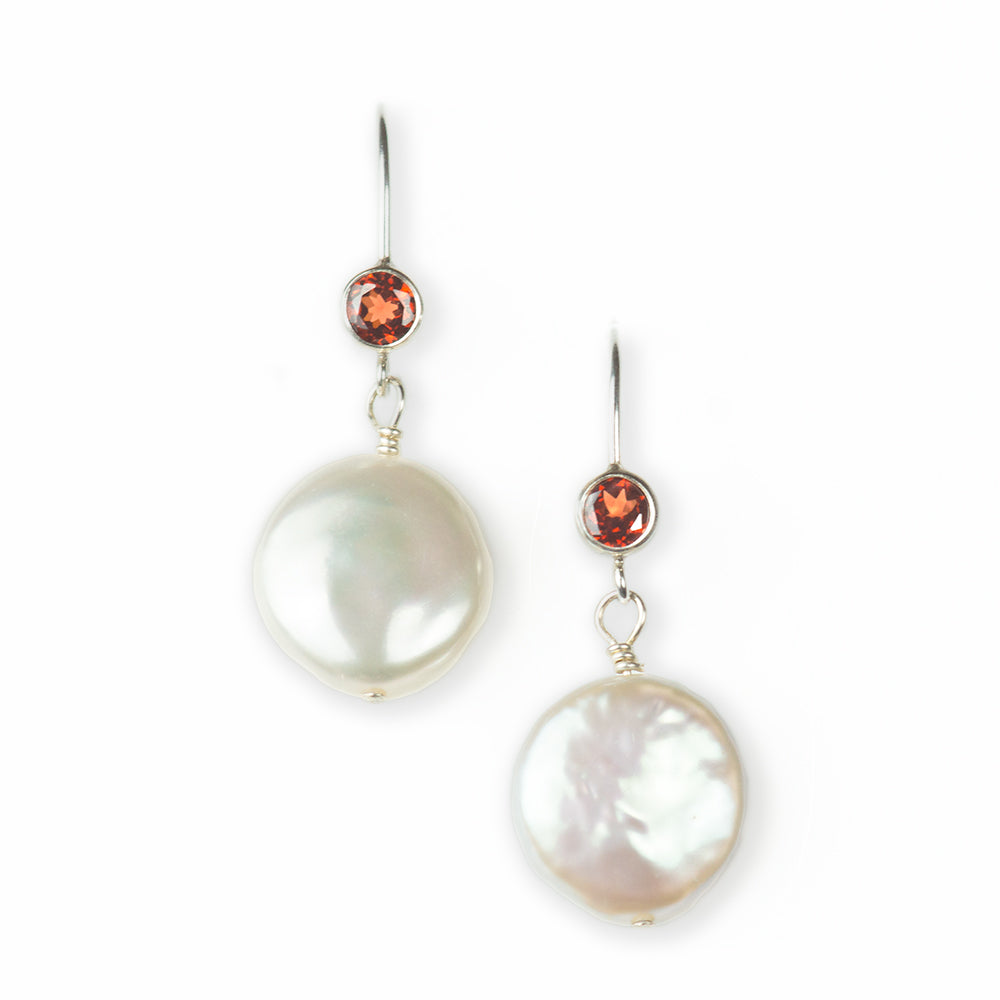 Coin Pearl and Garnet Wire Earrings