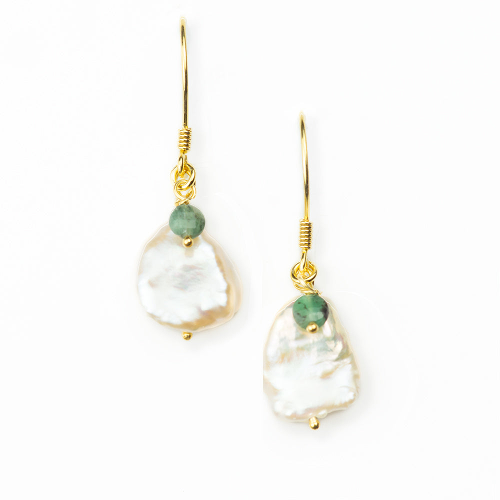 Gold Vermeil Keshi Pearl and Emerald Wire Earrings