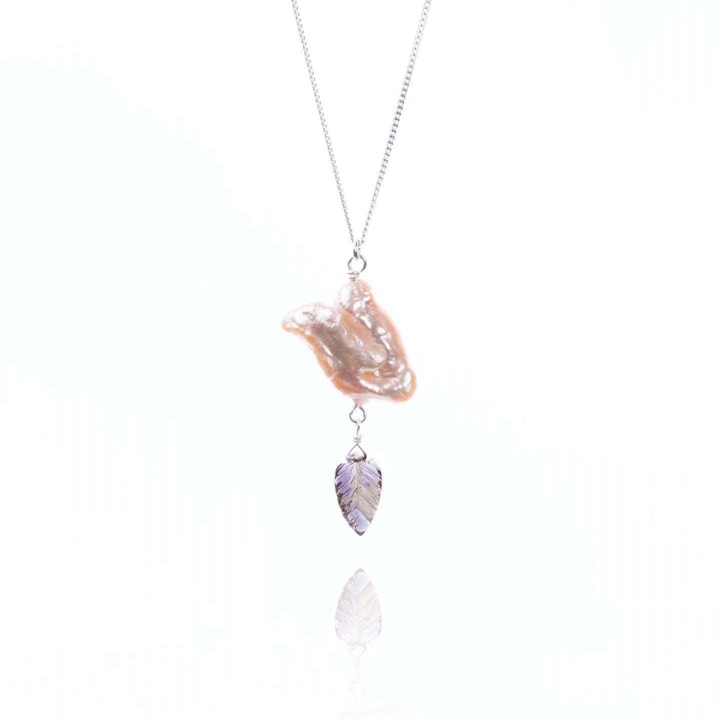 Ametrine Carved Leaf and Biwa Pearls Necklace