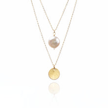 Load image into Gallery viewer, Pearl Coin and Etched Circle Pendant Necklace
