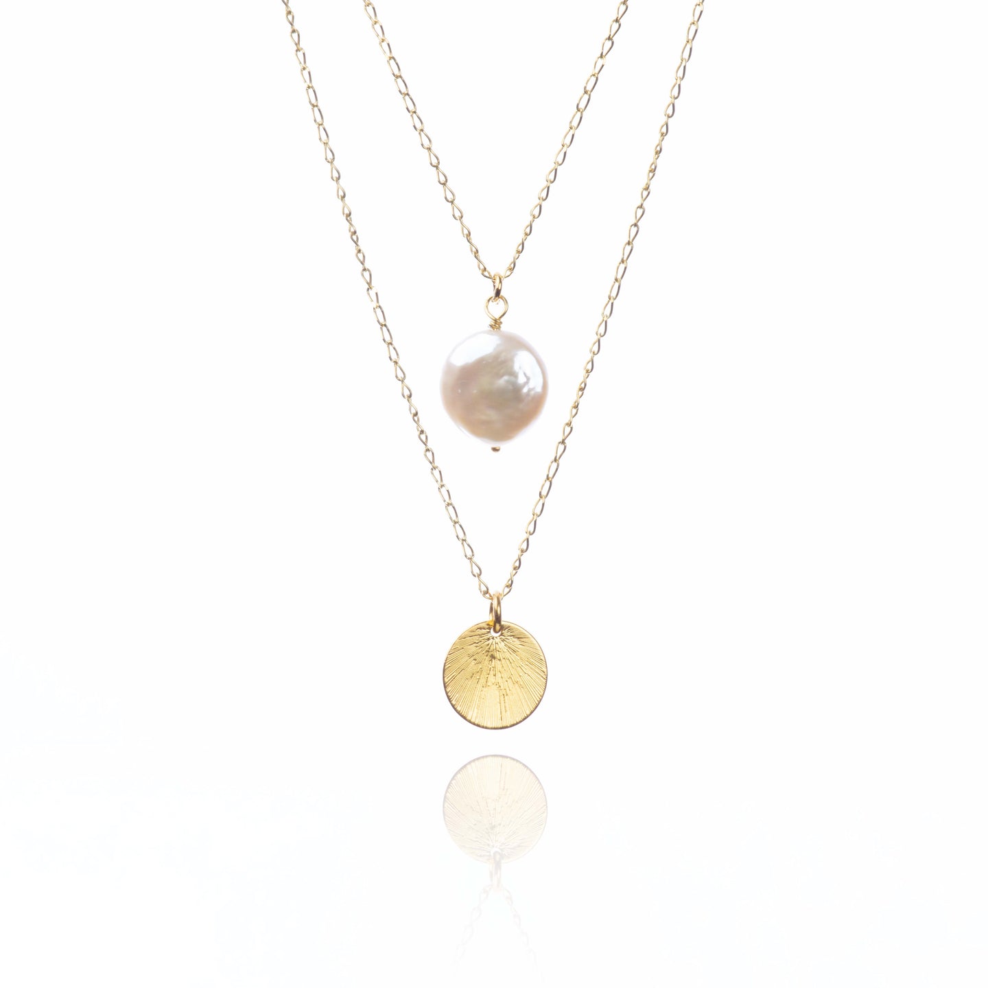 Pearl Coin and Etched Circle Pendant Necklace