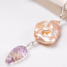 Load image into Gallery viewer, Ametrine Carved Leaf and Biwa Pearls Necklace
