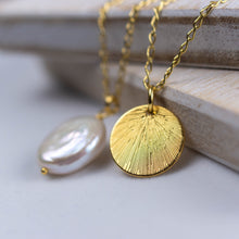 Load image into Gallery viewer, Pearl Coin and Etched Circle Pendant Necklace
