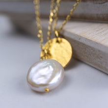 Load image into Gallery viewer, Pearl Coin and Etched Circle Pendant Necklace
