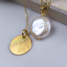 Load image into Gallery viewer, Pearl Coin and Etched Circle Pendant Necklace
